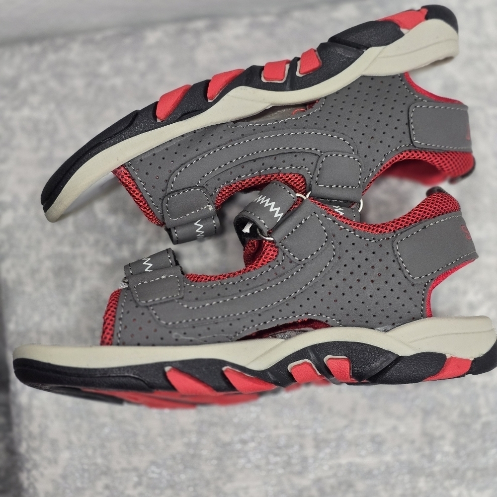 Red and Gray Sandals with Velcro Straps and Cushioned Footbed - Picture 6 of 10